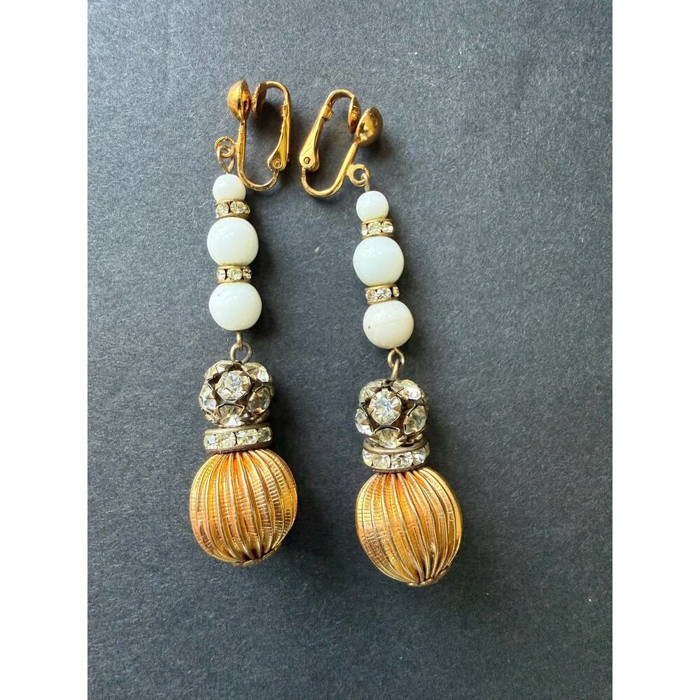Vintage Dangle Drop Earrings Clip On Milk Glass Rhinestones Gold Tone Retro